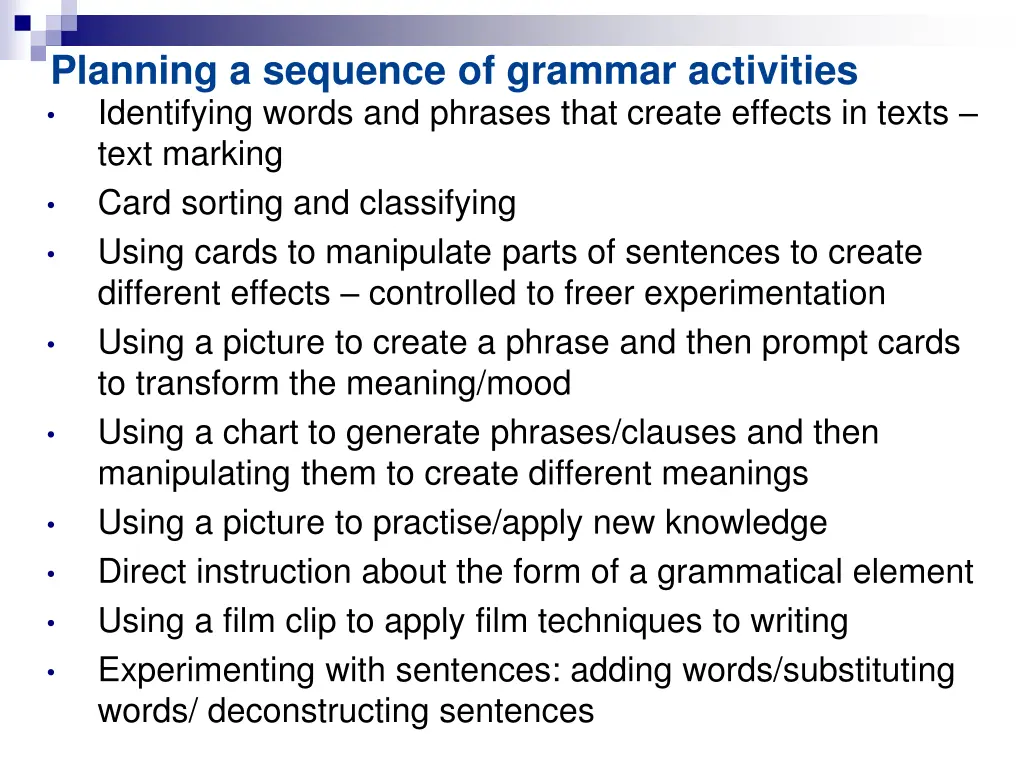 planning a sequence of grammar activities