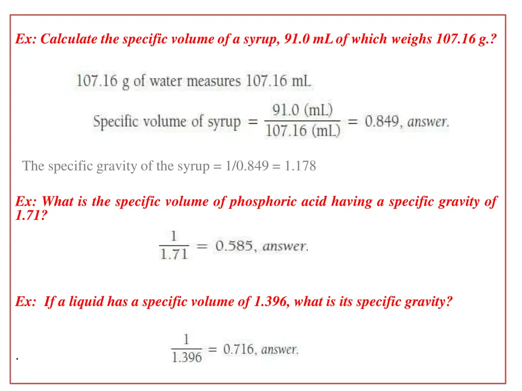 ex calculate the specific volume of a syrup