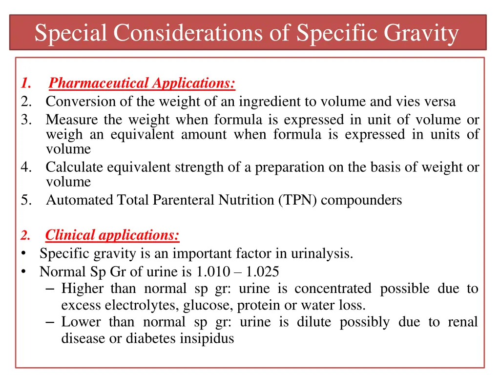 special considerations of specific gravity