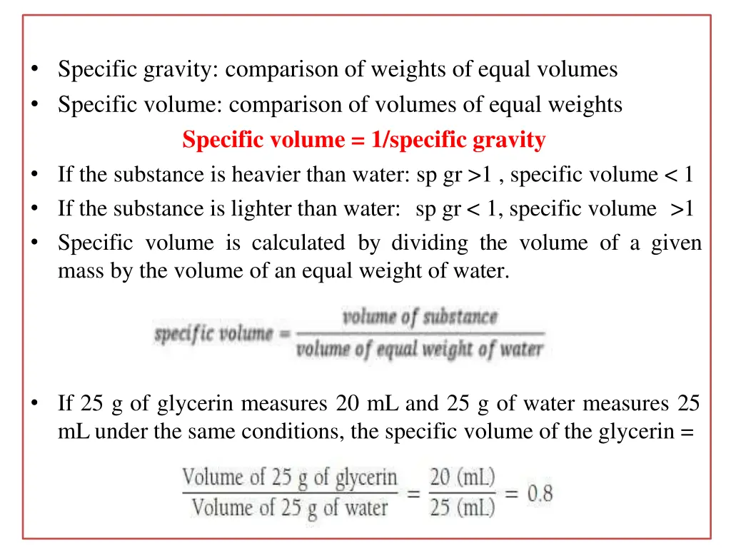 specific gravity comparison of weights of equal