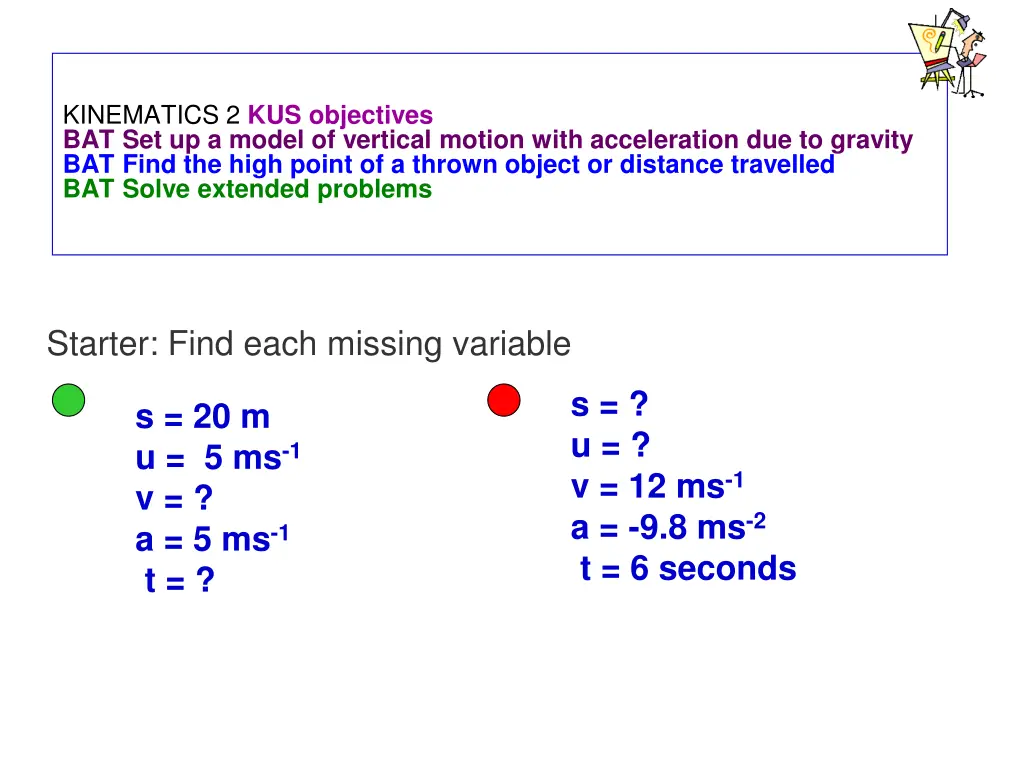 kinematics 2 kus objectives bat set up a model