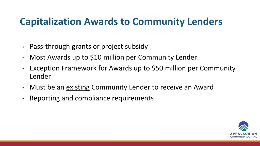 capitalization awards to community lenders