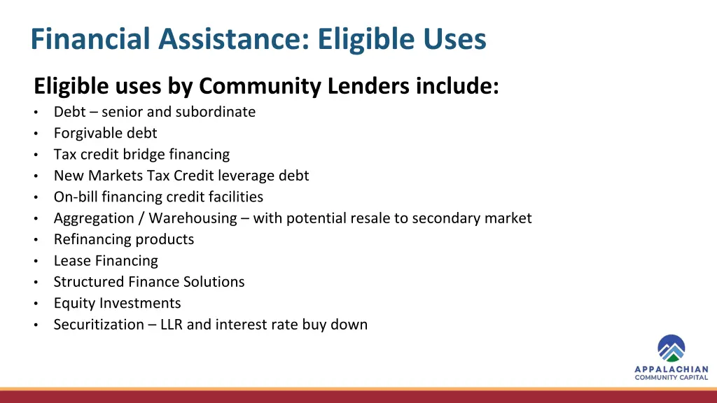 financial assistance eligible uses