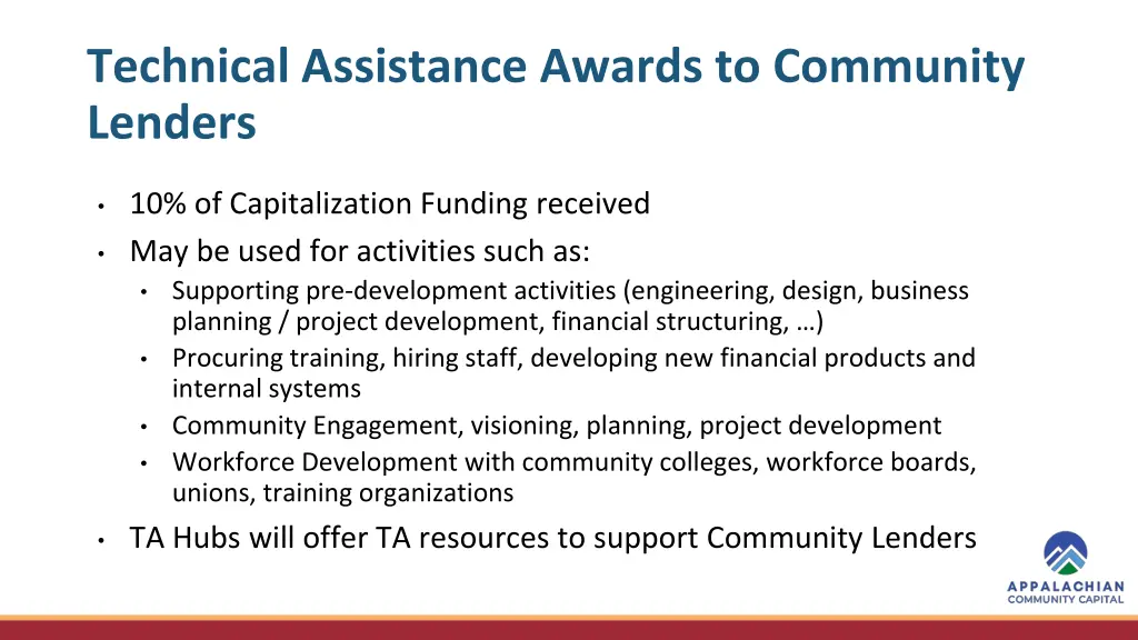 technical assistance awards to community lenders