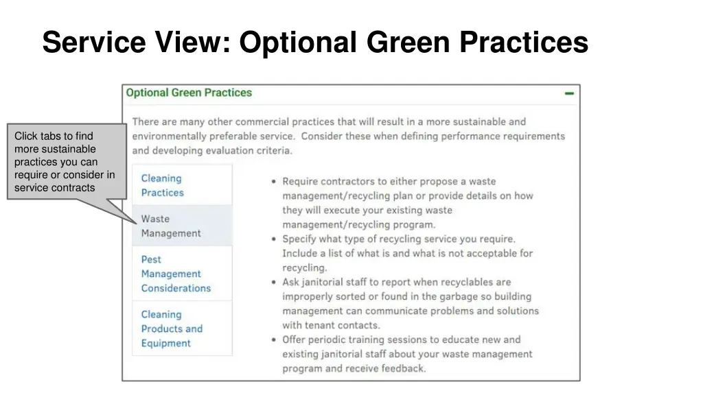 service view optional green practices