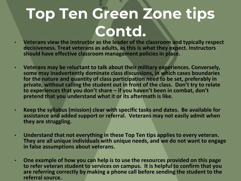 top ten green zone tips contd veterans view