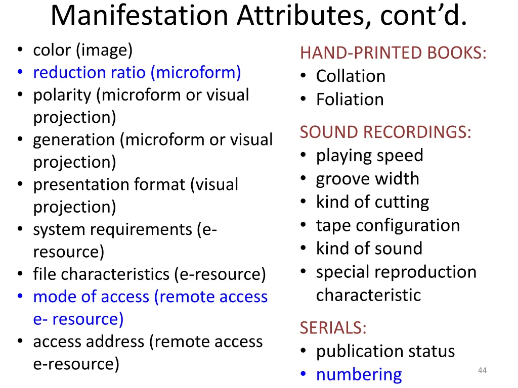 manifestation attributes cont d color image