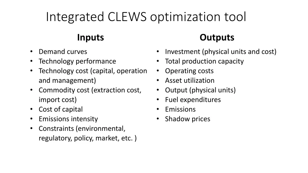 integrated clews optimization tool