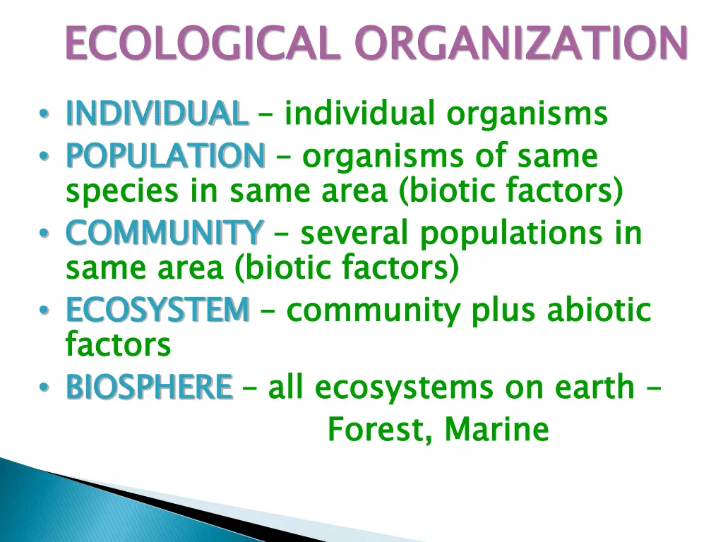 ecological organization individual population