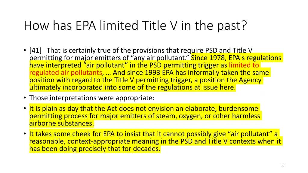 how has epa limited title v in the past