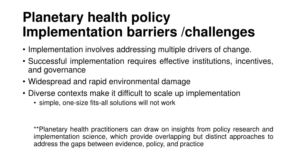 planetary health policy implementation barriers