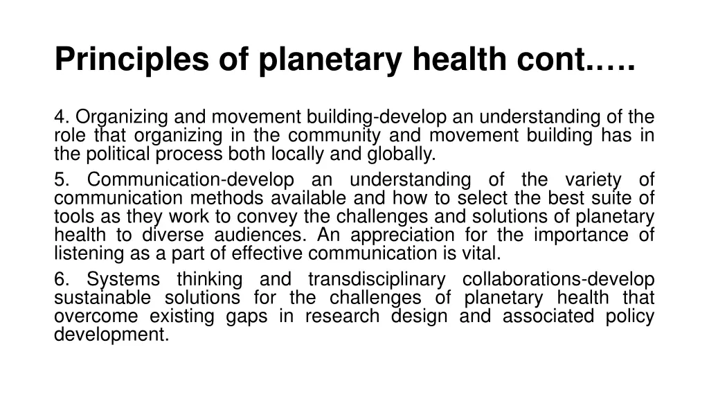 principles of planetary health cont