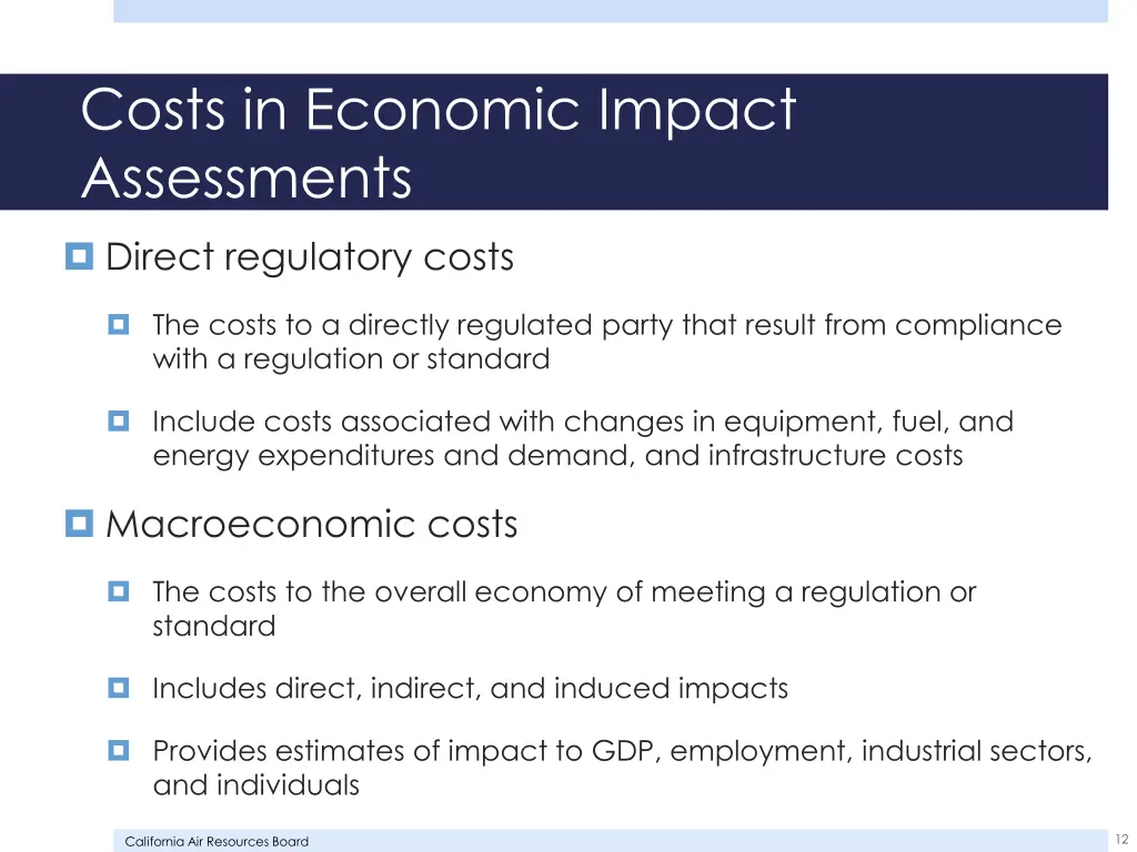 costs in economic impact assessments