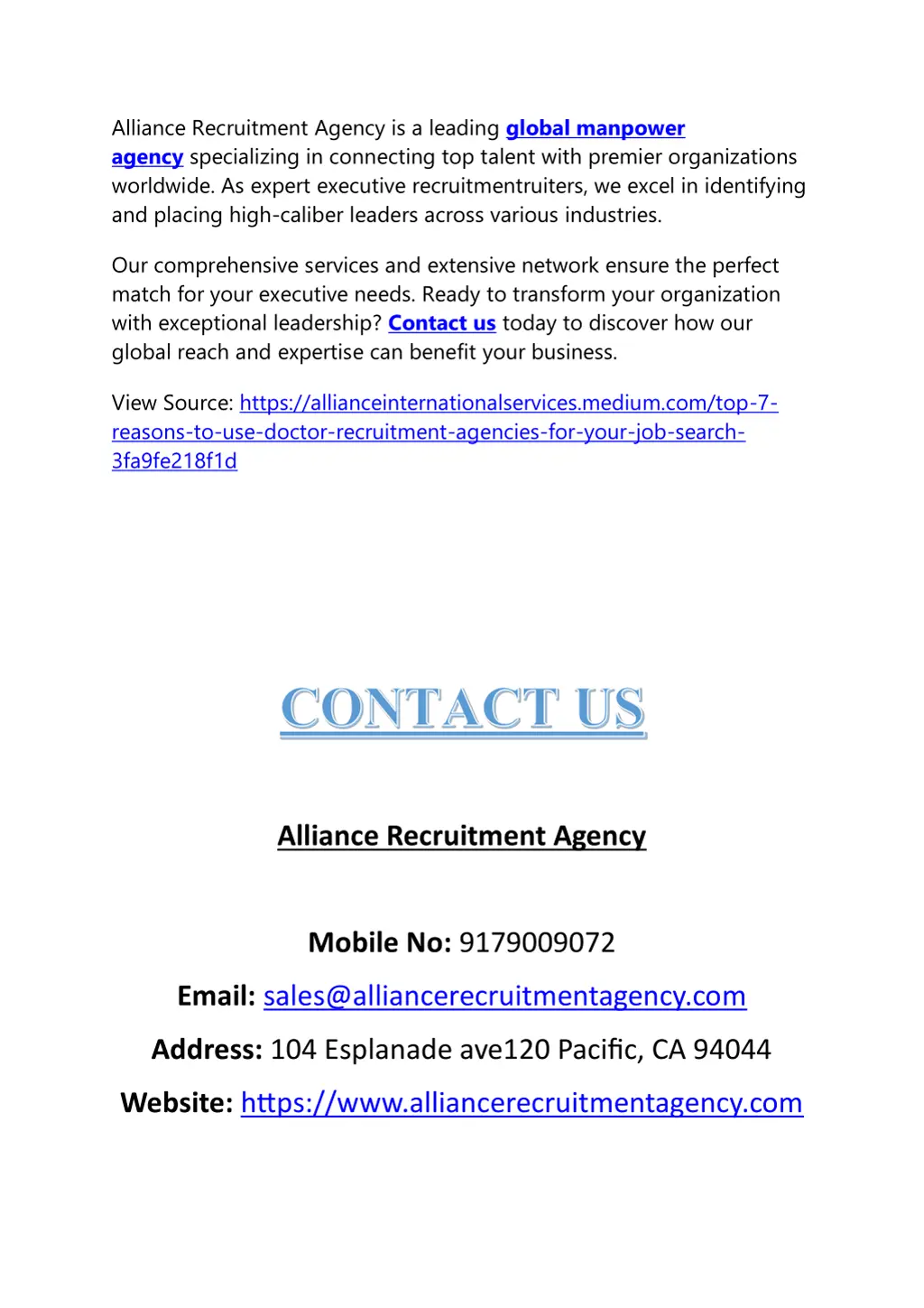 alliance recruitment agency is a leading global