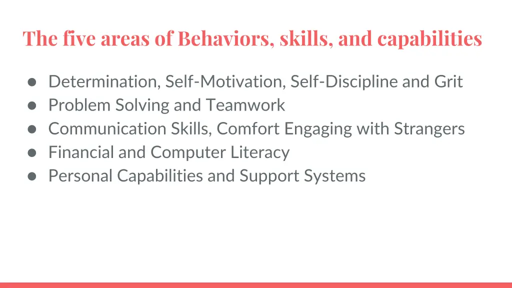 the five areas of behaviors skills