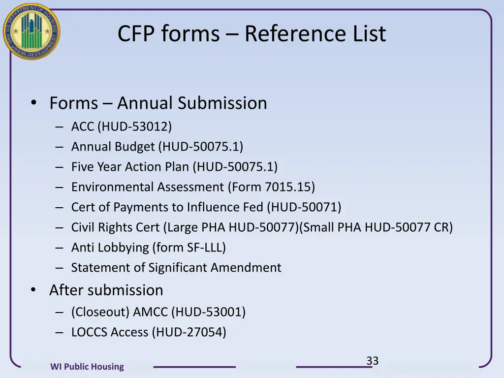 cfp forms reference list