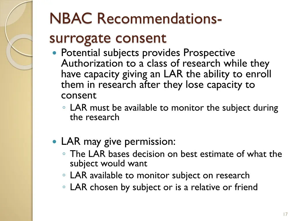 nbac recommendations surrogate consent potential