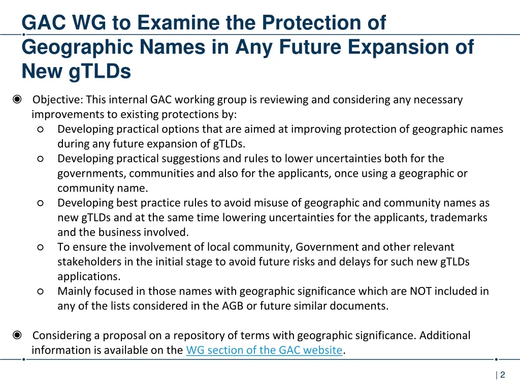 gac wg to examine the protection of geographic 1