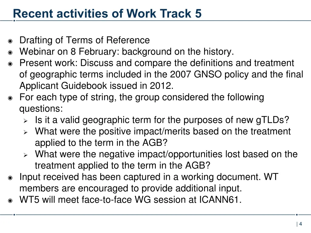 recent activities of work track 5