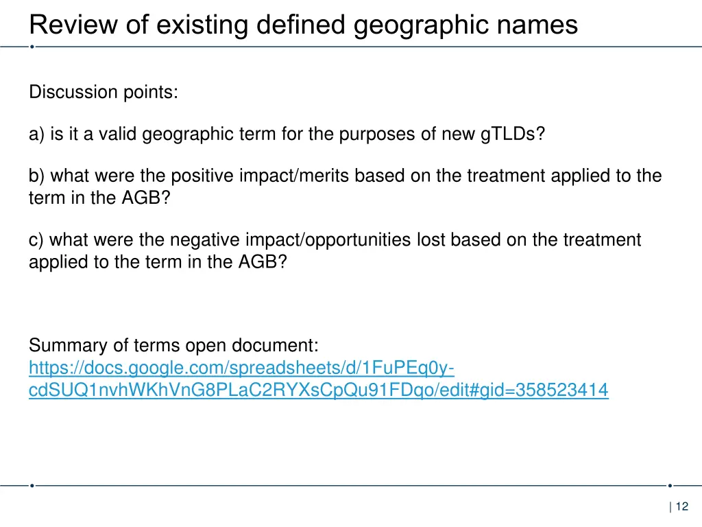 review of existing defined geographic names