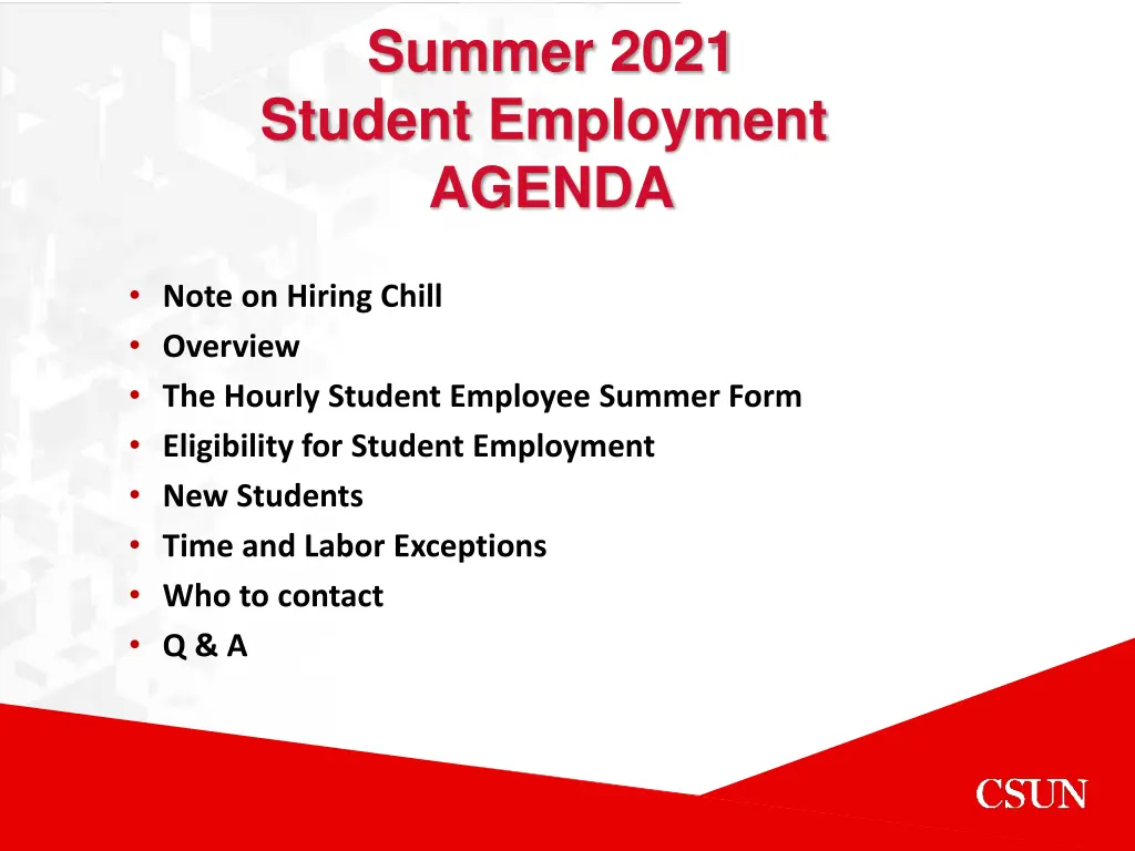 summer 2021 student employment agenda