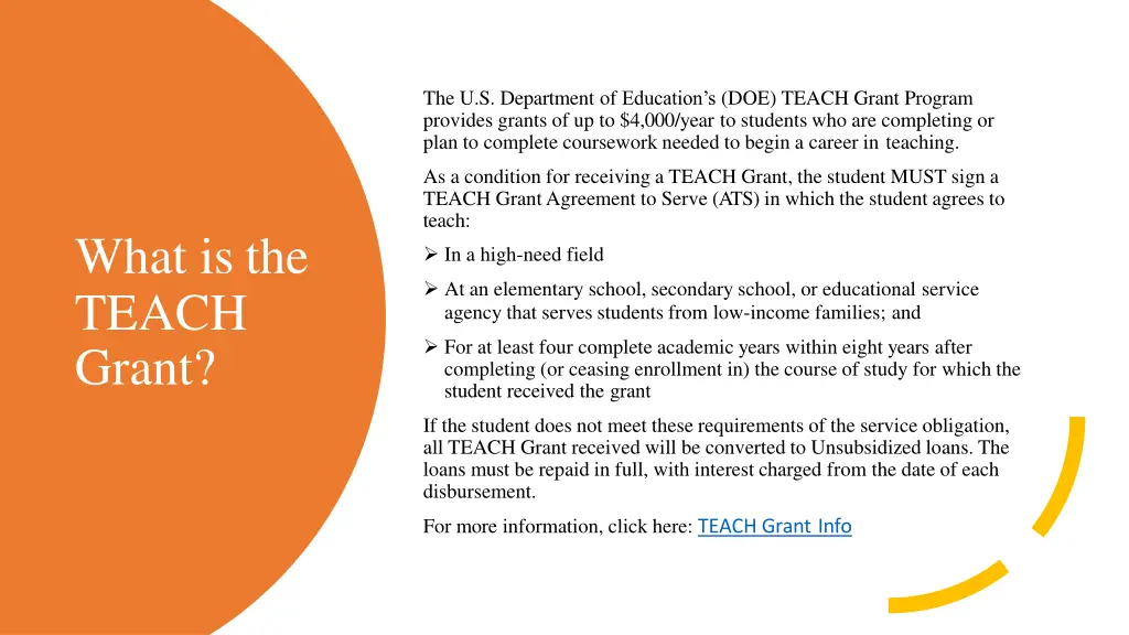 the u s department of education s doe teach grant