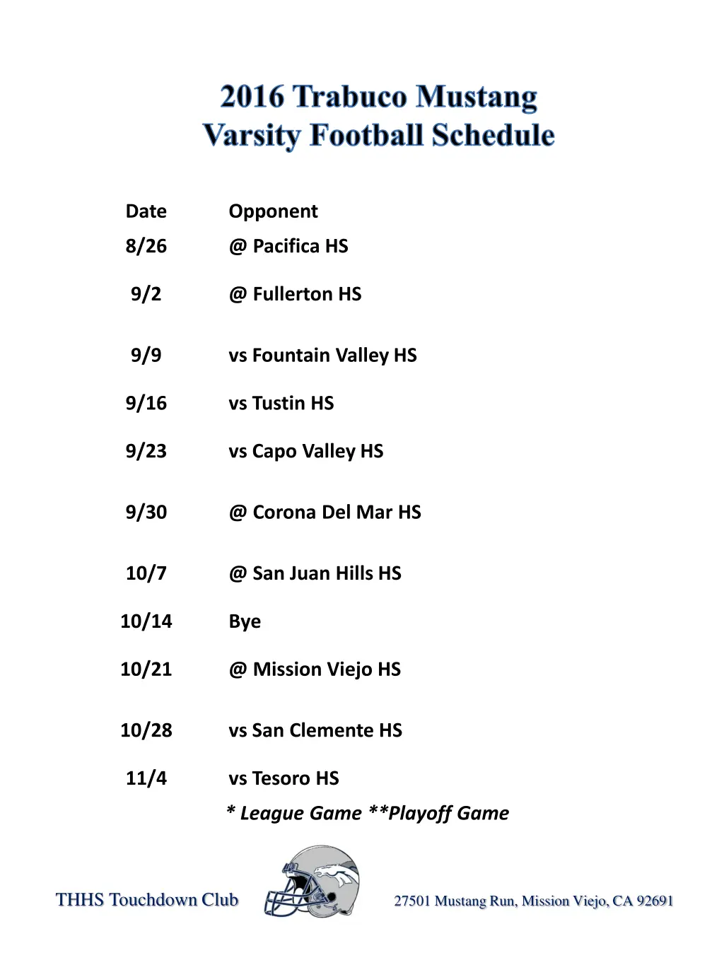 2016 trabuco mustang varsity football schedule