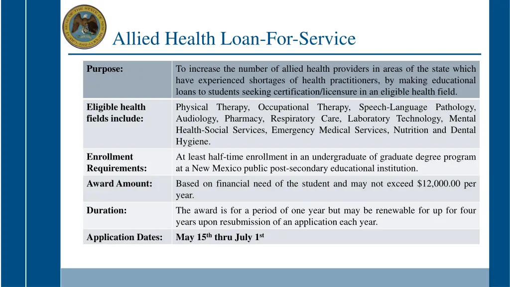 allied health loan for service