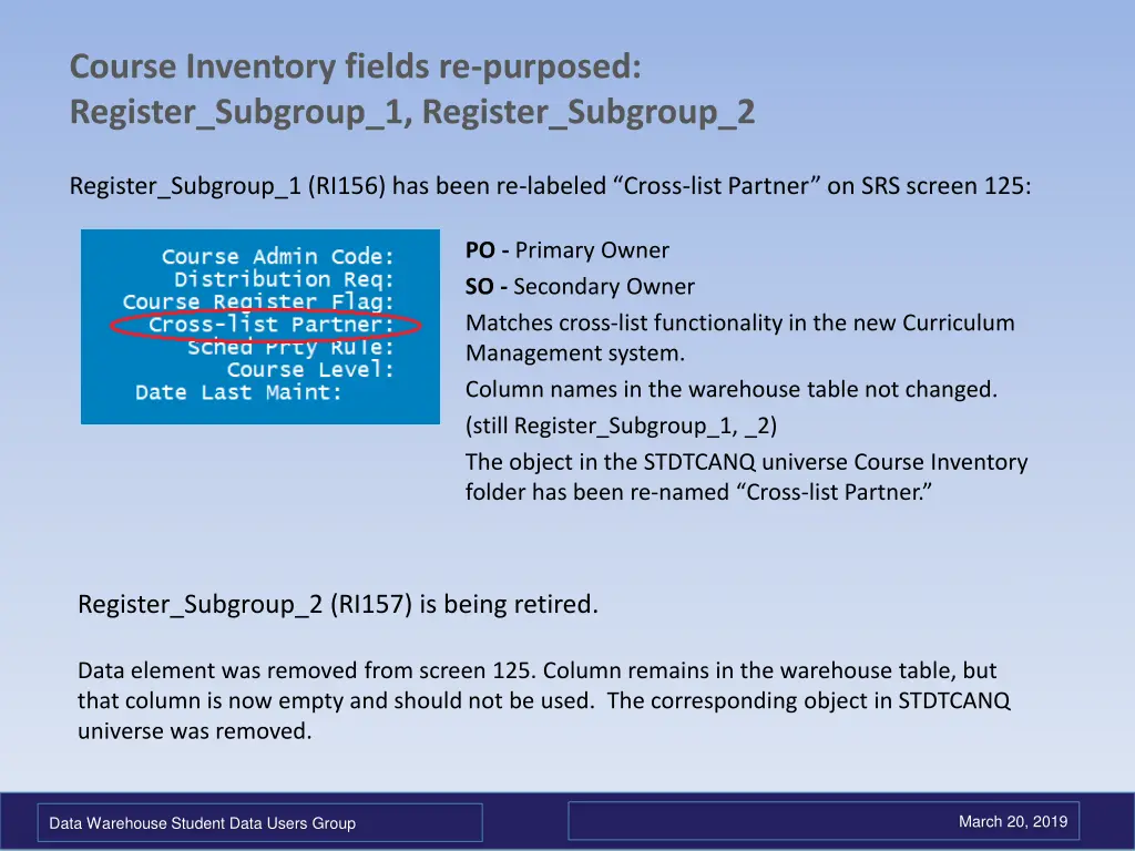 course inventory fields re purposed register