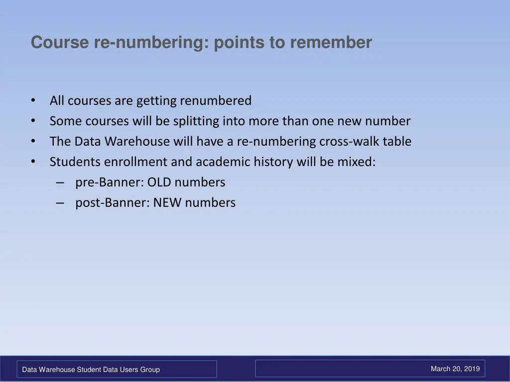 course re numbering points to remember