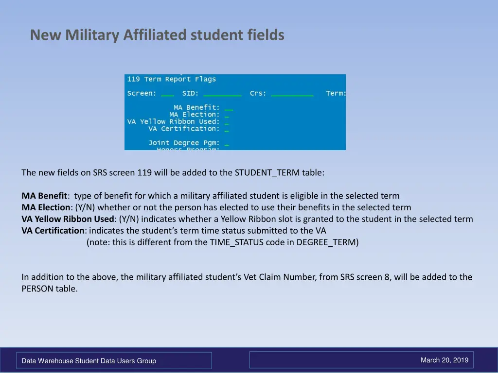 new military affiliated student fields