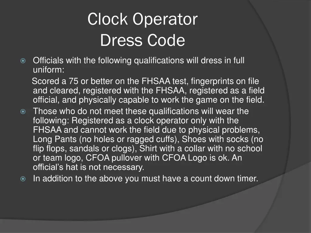 clock operator dress code