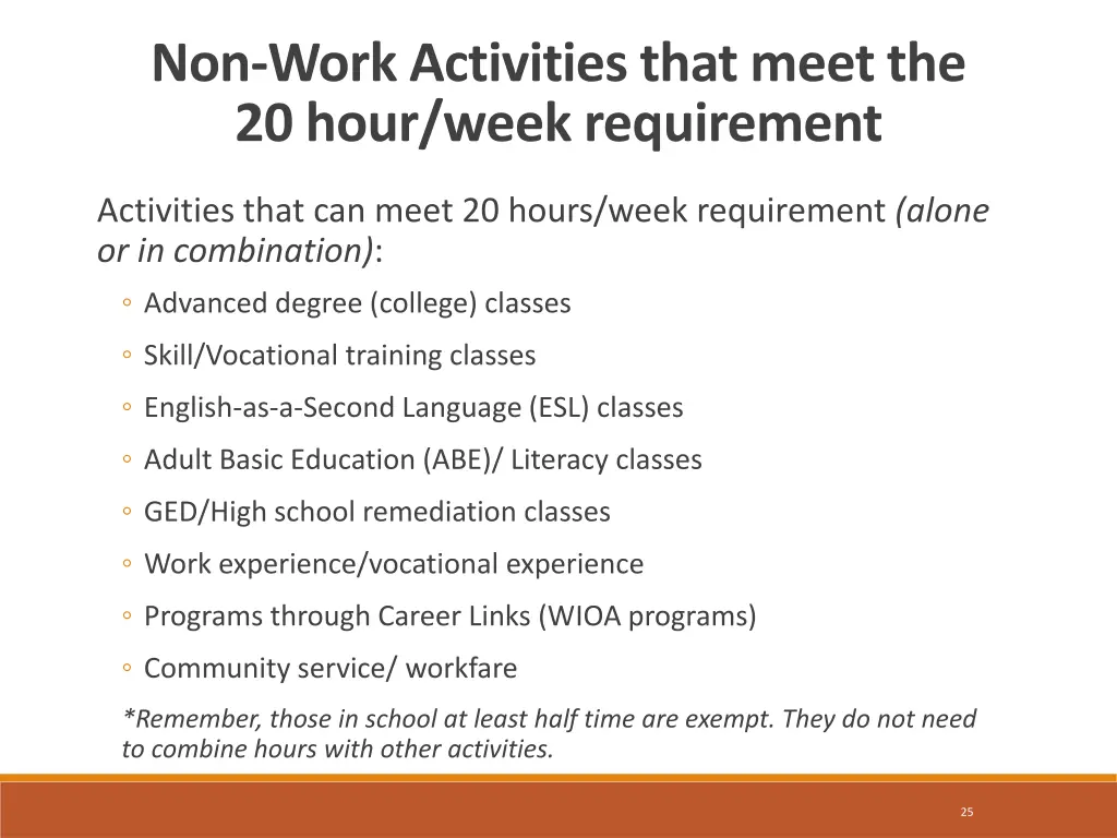 non work activities that meet the 20 hour week