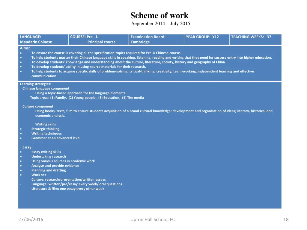 scheme of work september 2014 july 2015