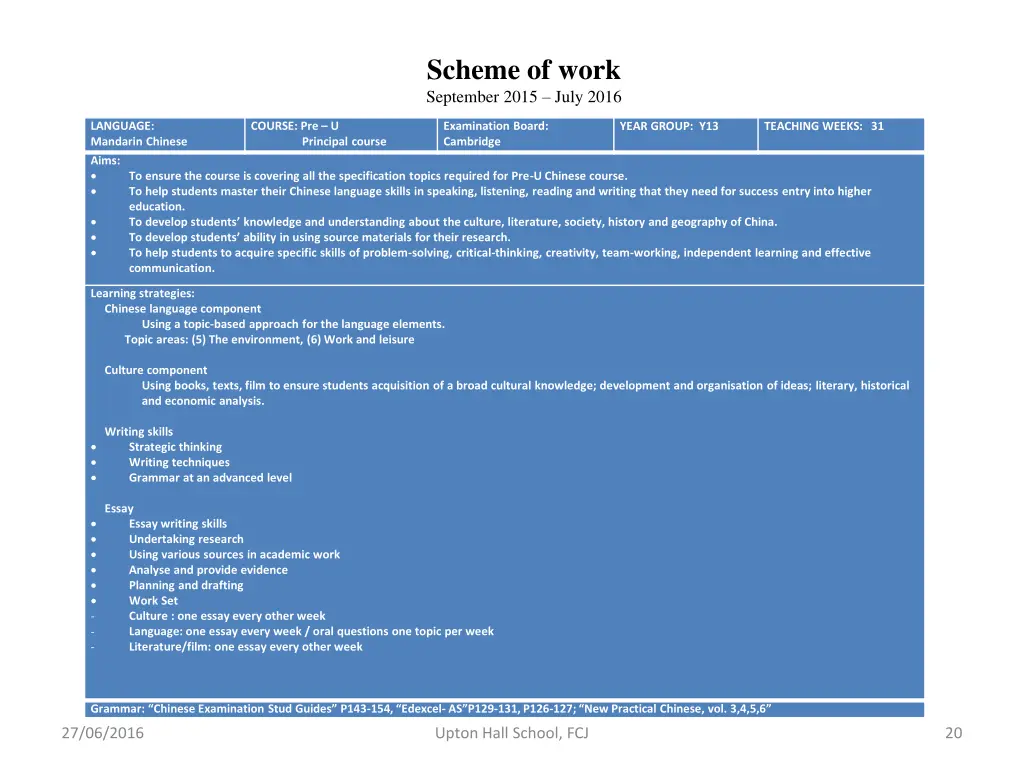 scheme of work september 2015 july 2016