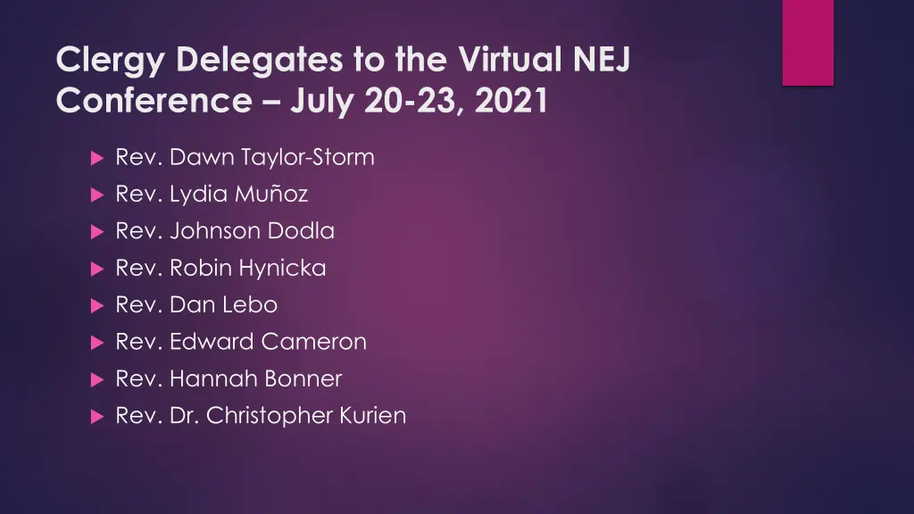 clergy delegates to the virtual nej conference