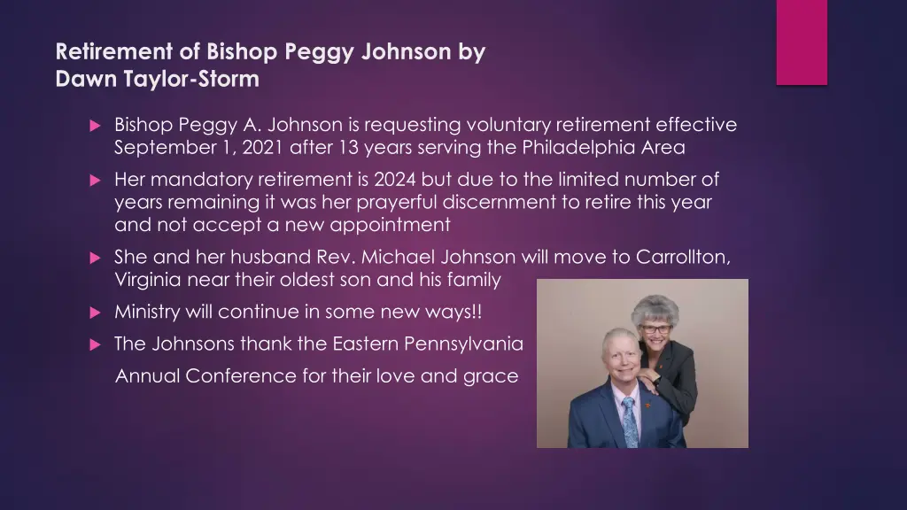 retirement of bishop peggy johnson by dawn taylor