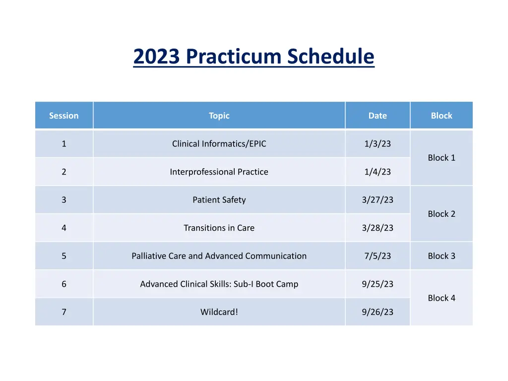 2023 practicum schedule