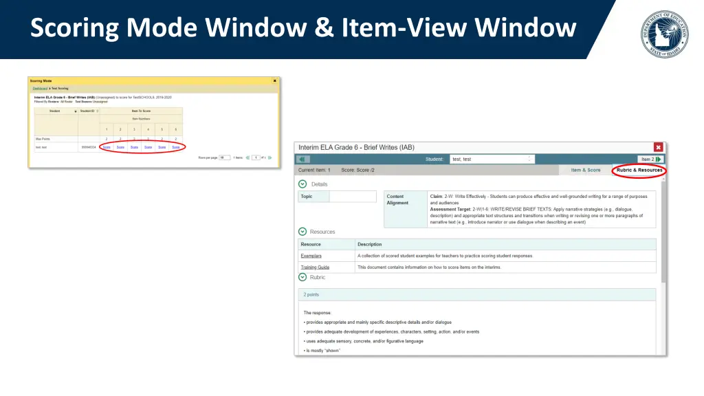 scoring mode window item view window