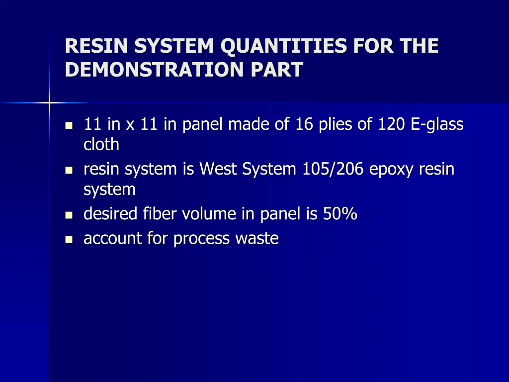 resin system quantities for the demonstration part