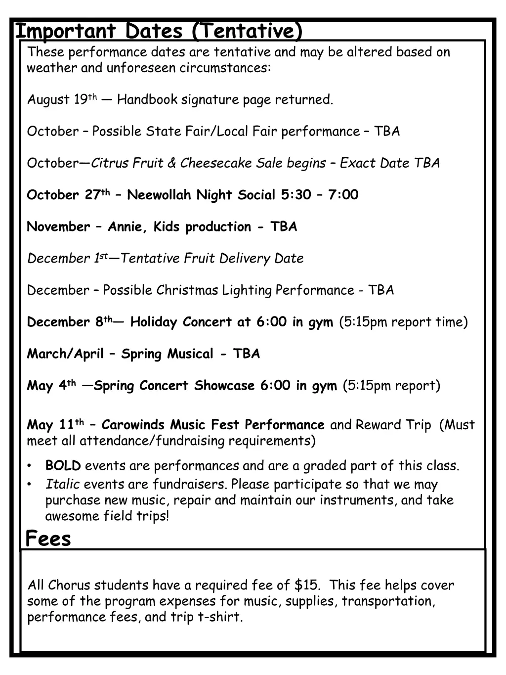 important dates tentative