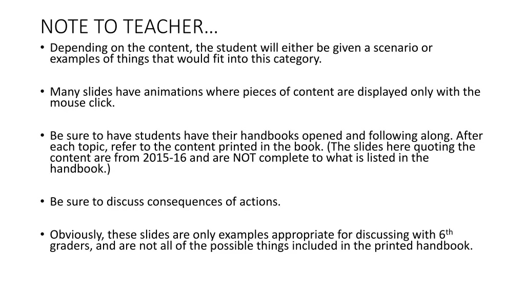 note to teacher depending on the content