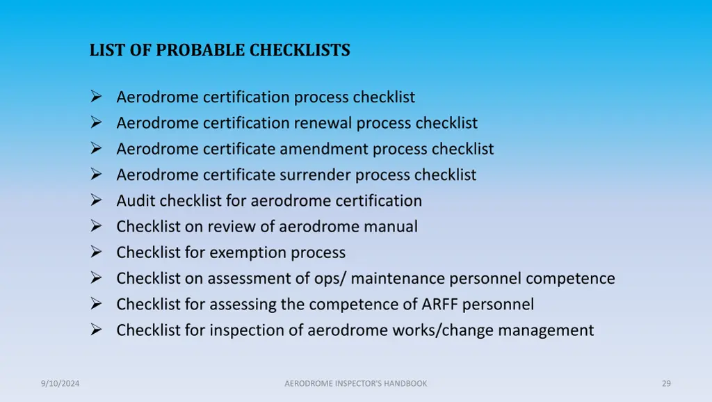 list of probable checklists aerodrome