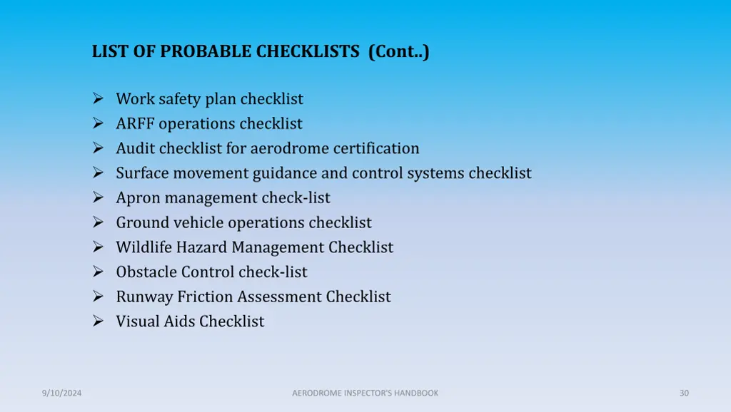 list of probable checklists cont work safety plan