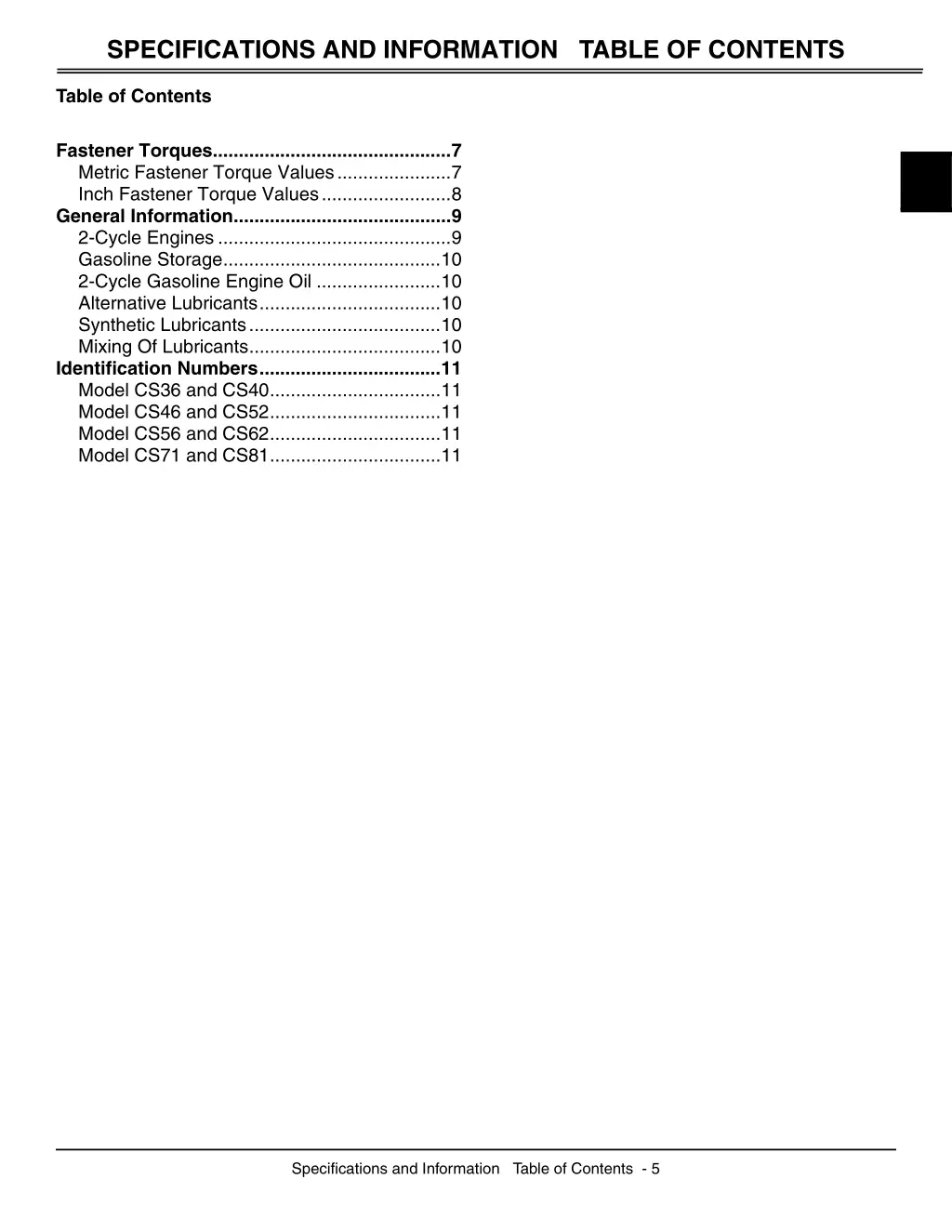 specifications and information table of contents