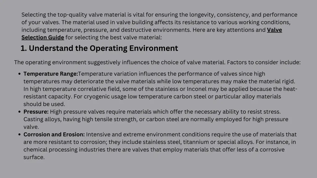 selecting the top quality valve material is vital