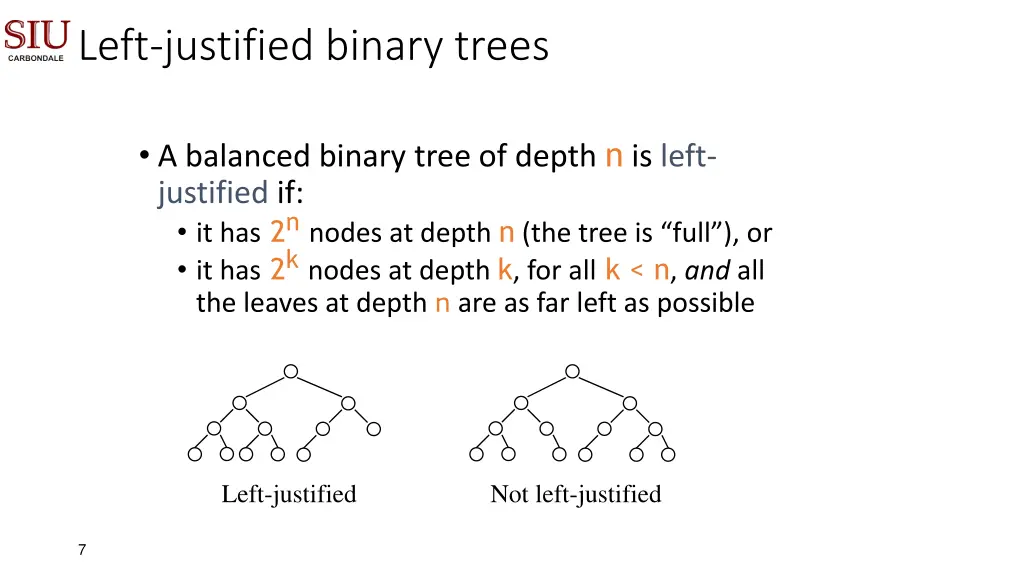 left justified binary trees