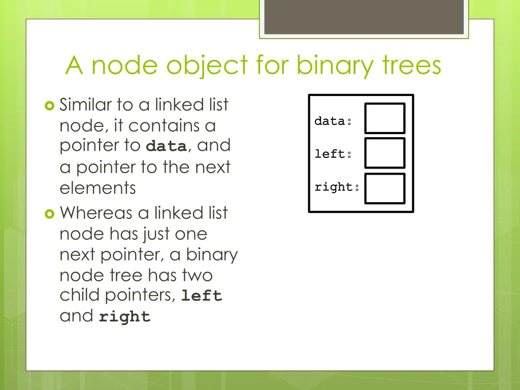 a node object for binary trees