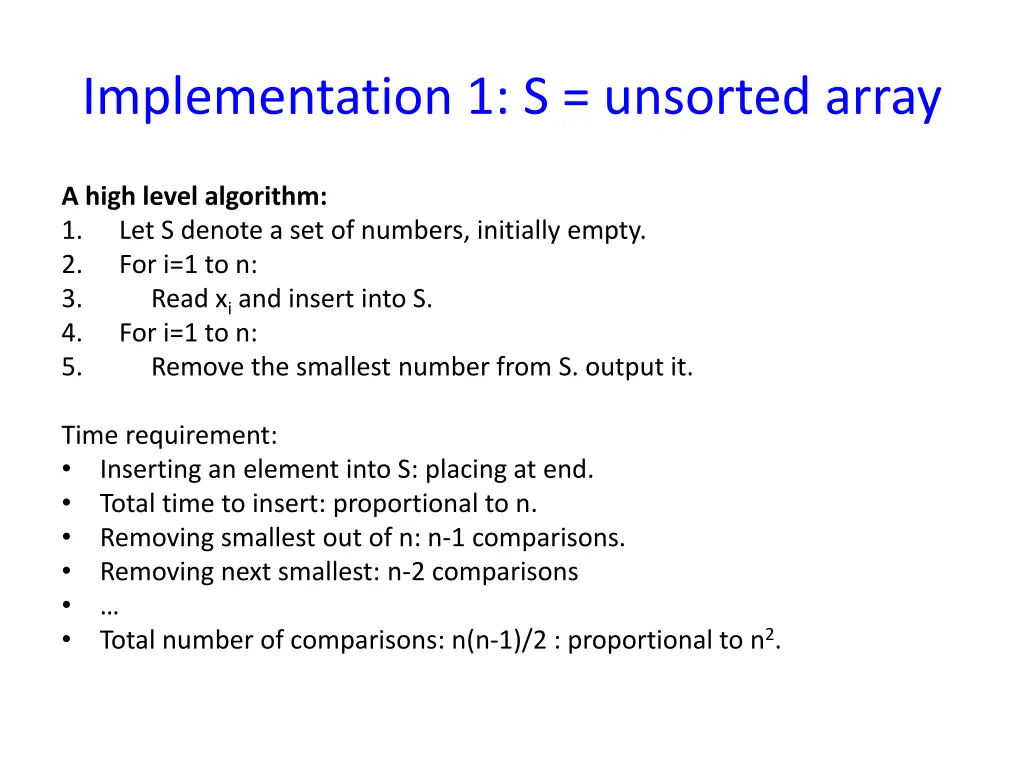 implementation 1 s unsorted array