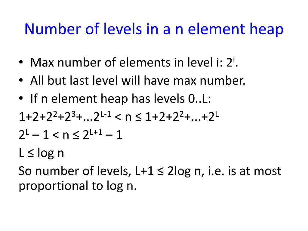 number of levels in a n element heap